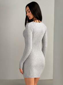 Chiquease Sexy Front Zipper Decor Slim-Fit Bodycon Sweater Dress For Women Fall Cloth For Women - Grey - View 2