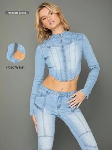 WESTFADE Winter Jacket Premium Cotton Denim Stretch Cute Moto Seams Jacket - Blue - View 13