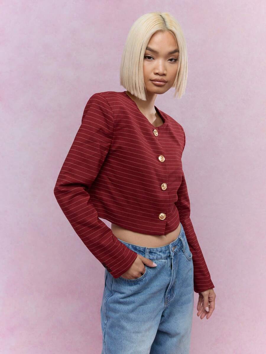 MISSGUIDED Statement Button Striped Collarless Crop Jacket Christmas - Red - View 1