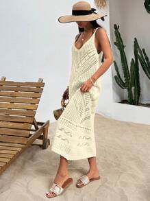 EURMUSE V Neck Ajour Midi Dress With Straps - Beige - View 3