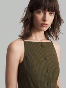 Ontre 2pcs Women's Button-Front Sleeveless Striped Blouse And Pleated Skirt Set - Army Green - View 5