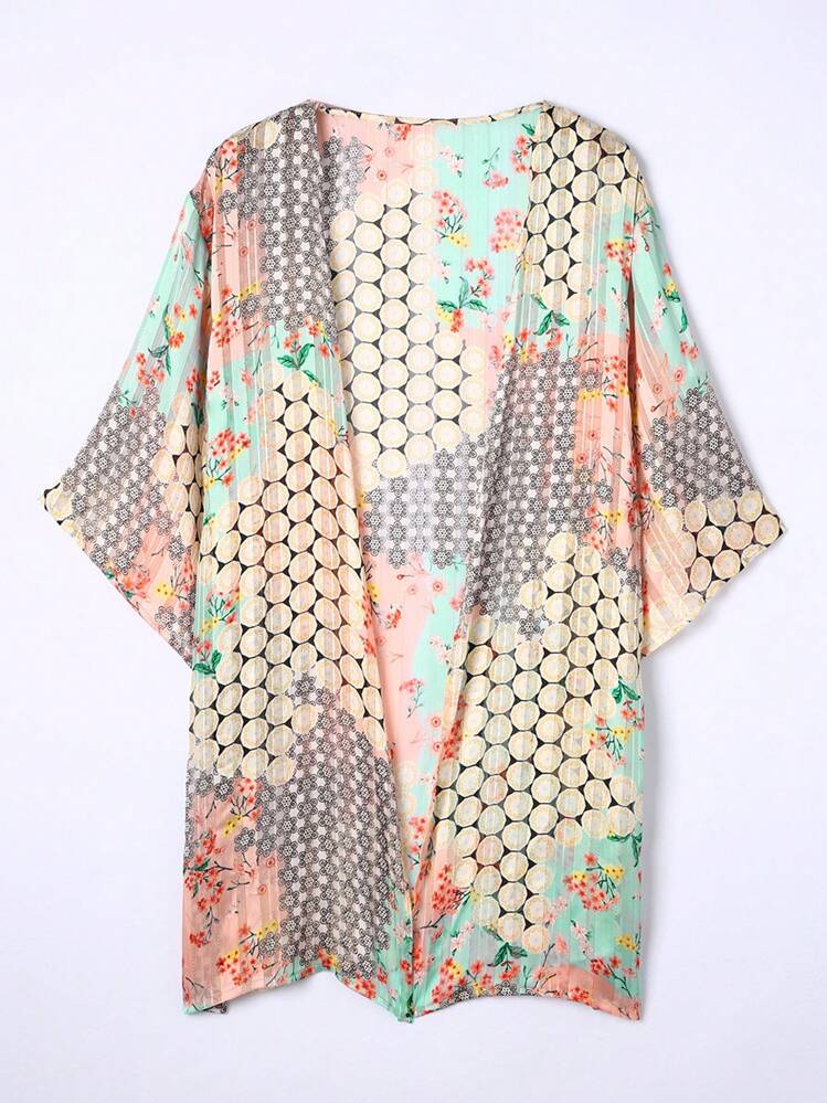 Acelitt Women's Bohemian Style Polka Dot Print Batwing Sleeve Loose Casual Kimono Jacket, Suitable For Travel, Beach, Vacation In Summer - Multicolor - View 6