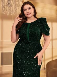 Plus Size Women's Ruched Fitted Elegant Sequin Maxi Formal Dress, Suitable For Prom, Wedding Guest, Graduation Ceremony, Gala - Dark Green - View 3