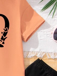 SHEIN 2 buc/Set fetiță ocazională imprimeu inimă tricou cu mânecă scurtă cu gât și pantaloni negri, haine de primăvară vară înapoi la școală - Multicolor - Vizualizare 4