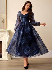 Aveloria Rosie 随机精致甜心领欧根纱花卉印花透明泡泡袖溜冰裙节日派对生日正式场合礼服