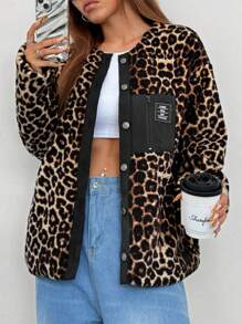 SHEIN EZwear Women Leopard Print Front Button Jacket, Autumn - Multicolor - View 3