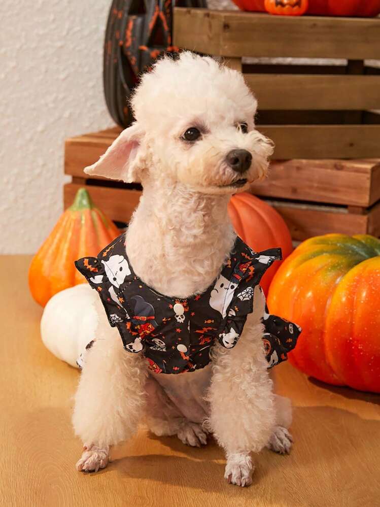 PETSIN 1pc Pet Dress With Ghost & Bat Pattern, Black Puff Sleeve For Halloween - Multicolor - View 6