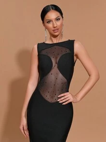 Modphy 2024 New Black Sexy Sleeveless Sheer Mesh Contrast Slit Maxi Bandage Dress, Bridesmaid Gown For Women, Formal Evening Party Dress