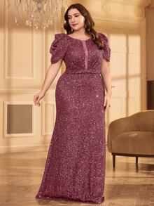 女士圆领褶皱修身优雅迷人长款亮片连衣裙 - 粉色 - 查看 5