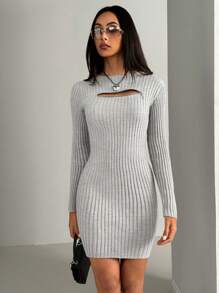 Chiquease Sexy Front Zipper Decor Slim-Fit Bodycon Sweater Dress For Women Fall Cloth For Women - Grey - View 5