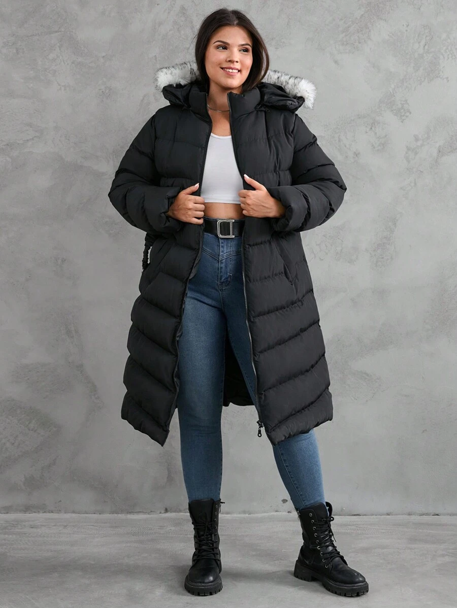 EURMUSE Women's Plus Belted Winter Coat Belted Puffer Faux Fur - Black - View 1