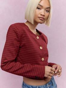 MISSGUIDED Statement Button Striped Collarless Crop Jacket Christmas - Red - View 3
