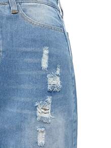 Women's Waistband With Pocket Design Ripped Distressed Hem Split Casual Denim Skirt - Light Wash - View 4