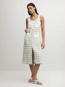 BizChic Black & White Houndstooth Pattern PU Pocket Splice High Slit Fitted Dress - Black and White - View 5