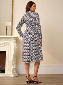 Aveloria Rosie All-Over Print Buttoned Front Belted Long Sleeve Dress