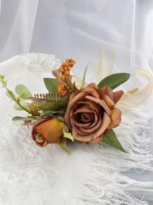 1束婚禮/伴娘用恩愛玫瑰、尤加利葉和人工花束,適用於婚禮/派對/房間裝飾禮品,浪漫優雅的秋季風格