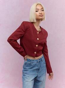 MISSGUIDED Statement Button Striped Collarless Crop Jacket Christmas - Red - View 4