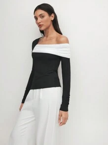 BizChic Blusa de punto de ajuste ceñido con hombro descubierto asimétrico y contraste de color, casual de negocios para mujeres - Blanco y Negro - Ver 4