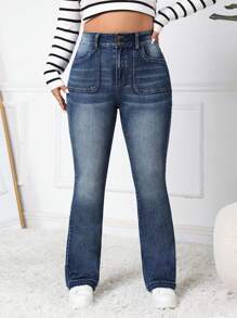 SHEIN PETITE CURVE 大码纯色紧身口袋喇叭腿休闲牛仔裤 - 藍色 - 查看 5