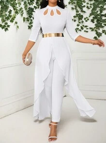SHEIN Lady Women's Fashionable Elegant White Petal Collar Hollow Out Design Short Sleeved Jumpsuit With Asymmetrical Leaf Hem - White - View 7