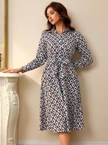 Aveloria Rosie All-Over Print Buttoned Front Belted Long Sleeve Dress