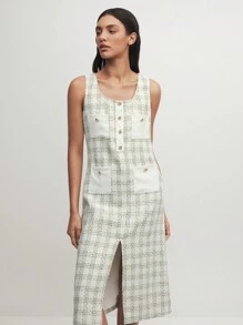 BizChic Black & White Houndstooth Pattern PU Pocket Splice High Slit Fitted Dress - Black and White - View 7