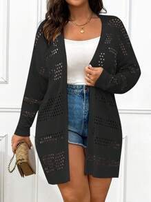 Plus Size Solid Color Hollow Out Casual Cardigan Fall Winter Cloth For Women Autumn - Black - View 5