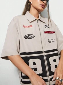 SUMWON WOMEN 朋克宽松拉链图案印花衬衫，短袖上衣 - 杏色 - 查看 3