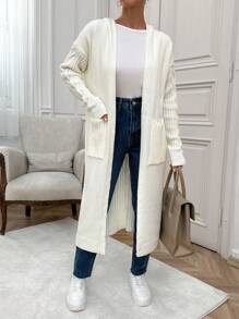 RueChic Casual Boho Cable & Rib Knit Mixed Pocket Detailed Maxi Cardigan With Hoodie - White - View 4