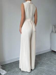 Elenzga Lapel Neck Pleated Wide Leg Jumpsuit - Apricot - View 2