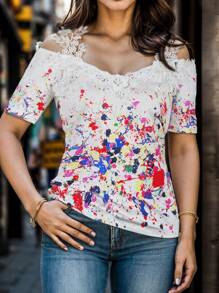 Chiquease Women's Vacation Open Shoulder Lace Floral Print T-Shirt