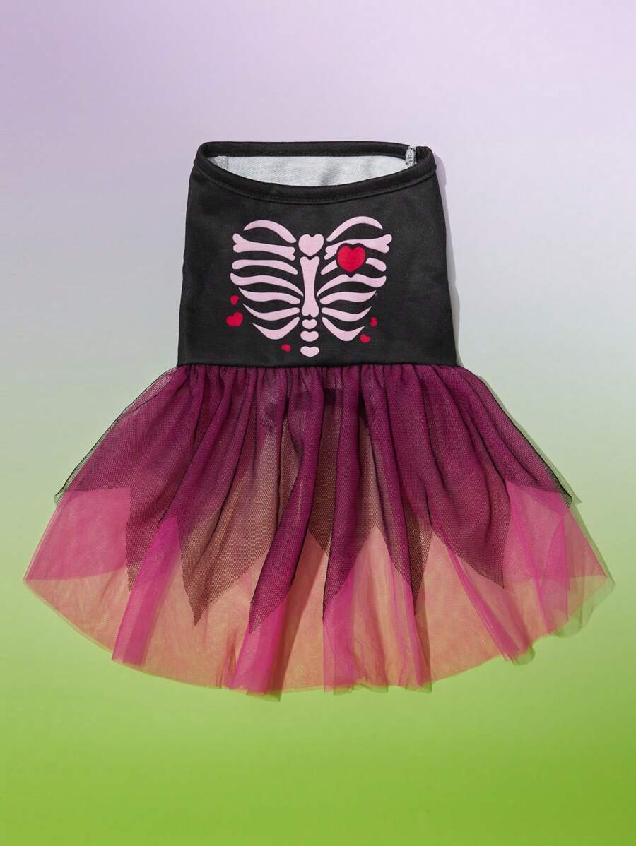 PETSIN Váy lưới in hình bộ xương cho thú cưng Halloween - Hồng - Xem 1