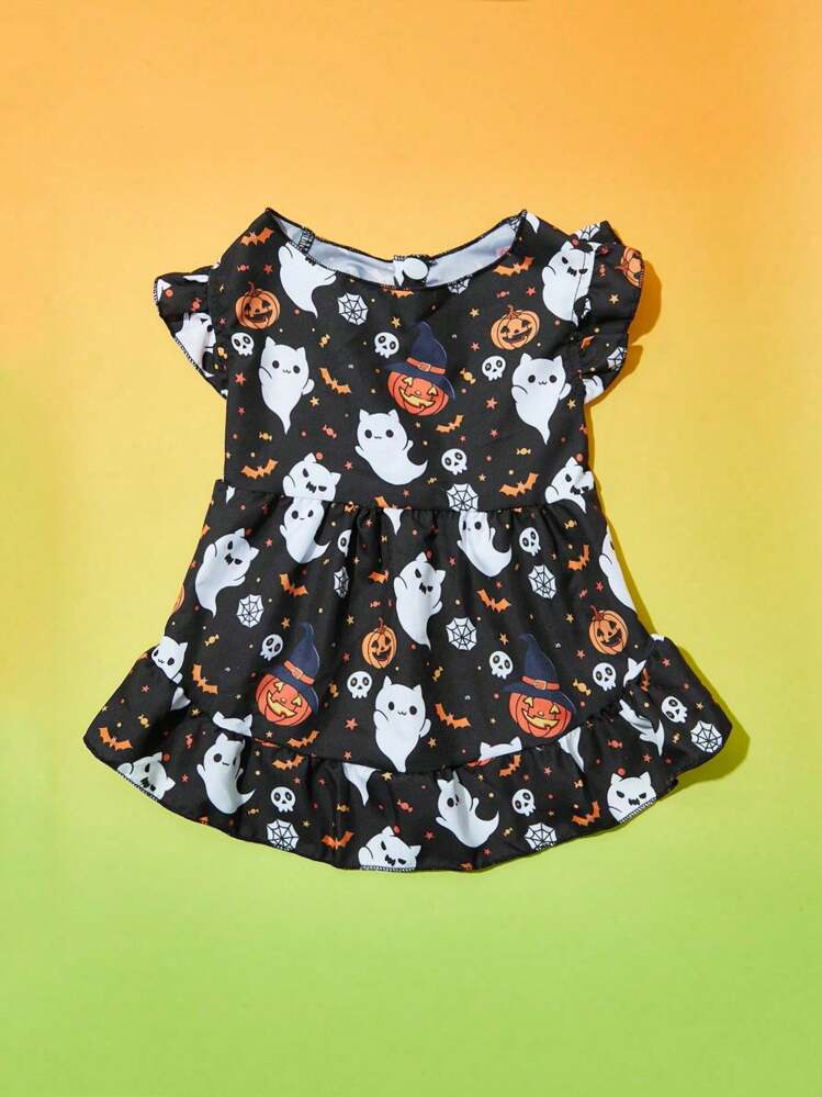 PETSIN 1pc Pet Dress With Ghost & Bat Pattern, Black Puff Sleeve For Halloween - Multicolor - View 1