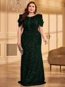 Plus Size Women's Ruched Fitted Elegant Sequin Maxi Formal Dress, Suitable For Prom, Wedding Guest, Graduation Ceremony, Gala - Dark Green - View 6