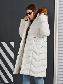 RueChic Plus Fuzzy Trim Hooded Zip Up Puffer Coat - White - View 5