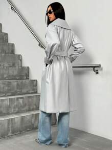 GENKIRA Chic Silver Lapel Double-Breasted PU Leather Jacket With Belt - Silver - View 2