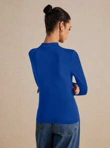 Poéselle Solid Mock Neck Tee,  Bottoming Tee, Long Sleeve, Basic Tee - Royal Blue - View 4