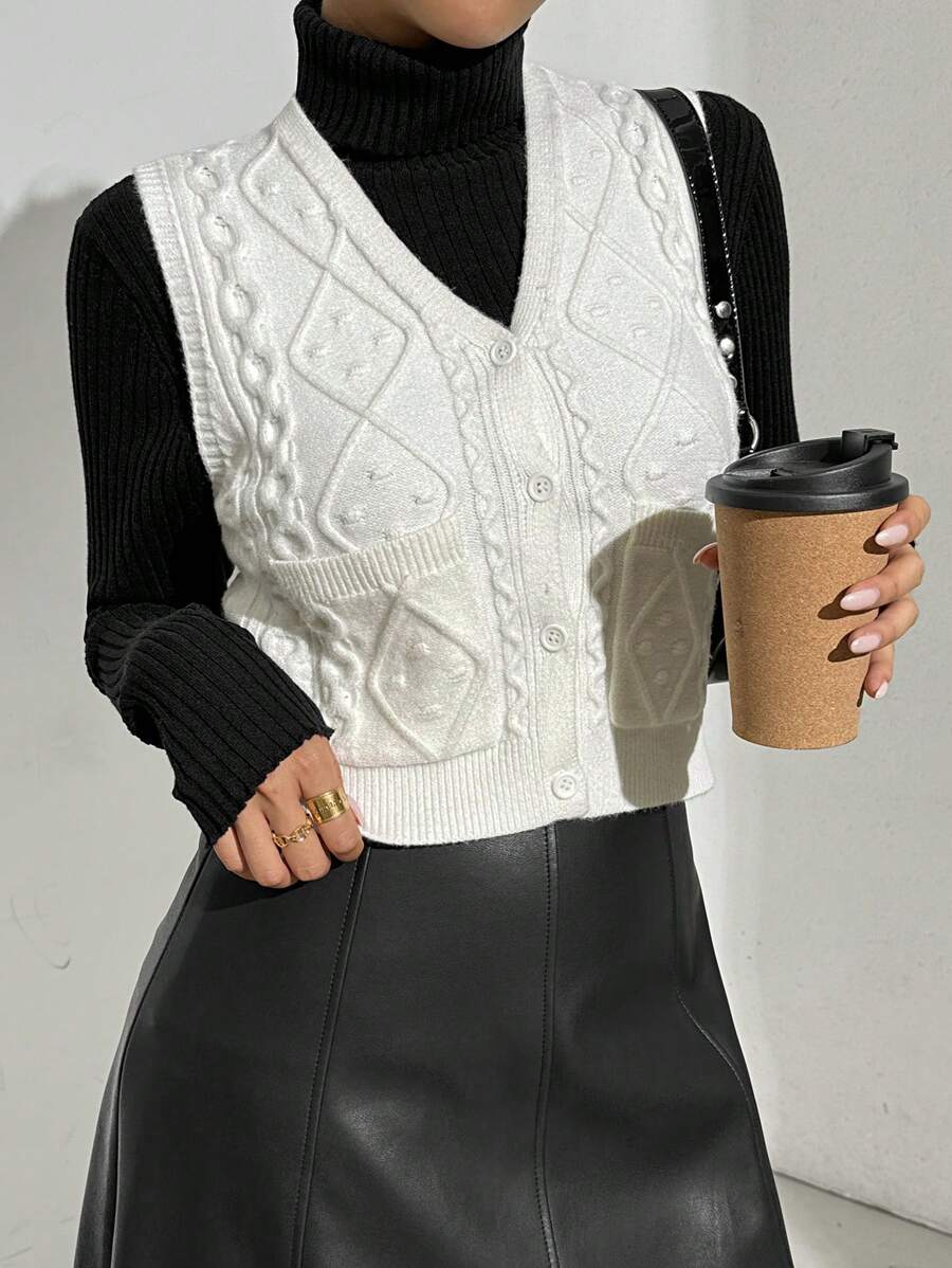 Chiquease Gilet en tricot de couleur unie à double poche, style casual, automne/hiver, pour femmes - Blanc - Voir 1