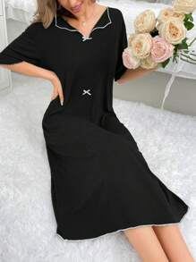 Women Solid Color Bow Decor Simple Casual Short Sleeve Loungewear Dress