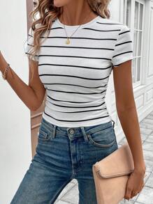 Wildy Athleisure Sport Run Biker Jog Basketball Tracksuit Women's Round Neck Waist Ruched Black & White Striped Casual Comfortable Fitted T-Shirt