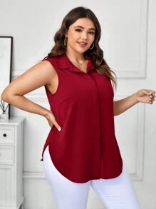 SHEIN Clasi Blouse sans manches minimaliste et unie pour femmes grande taille - Rouge foncé - Voir 5