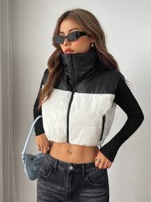 Muchica 秋冬PU毛绒拼布绗缝无袖背心