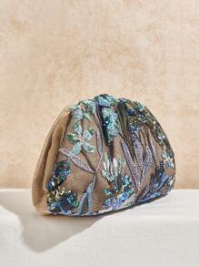 SHEIN VCAY 女士时尚植物亮片刺绣手拿包，优雅女士情人节手拿包，优雅、奢华女士包