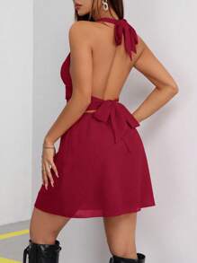 SHEIN Unity Deep V-Neck Tie-Up Mint Green Summer Holiday Dress For Women Burgundy Color Women Outfit