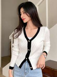 DAZY 女士拼色拼接长袖修身 V 领开衫 - 白色 - 查看 5