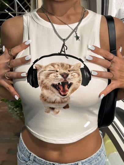 INAWLY Top corto ajustado con estampado de gato lindo para mujer, camiseta gráfica de verano