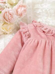 SHEIN Baby Girls' Cute Pink Velvet Long Sleeve Romper Pajamas