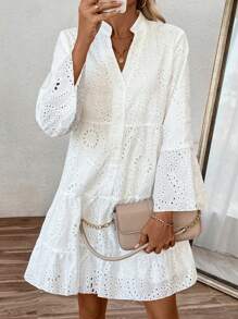 SHEIN LUNE Váy nghỉ lễ nữ cổ chữ V tay loe đính thêu dáng rộng - trắng - Xem 4