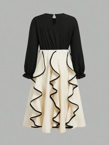 Tween Girls Color Block Long Sleeve Bow Decor Elegant Dress - Black and White - View 2