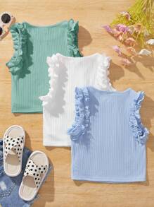SHEIN 3pcs Young Girl Solid Color Crew Neck Sleeveless Ruffle Trim Fitted Cropped Tank Top Set - Green - View 4